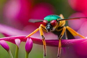 a close up of a green hornet on a pink flower. AI-Generated photo