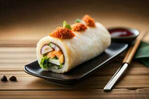 a sushi roll with vegetables and sauce on a black plate. AI-Generated photo