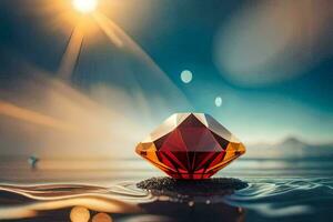 a diamond in the water with a sun in the background. AI-Generated photo