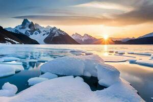 the sun sets over an ice floe in the middle of a lake. AI-Generated photo