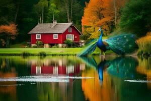 a peacock stands in front of a house in the autumn. AI-Generated photo