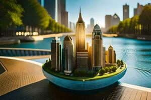 a miniature city is sitting on top of a water body. AI-Generated photo