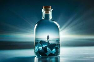 a bottle with a man inside of it. AI-Generated photo