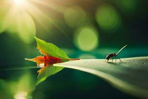 a leaf and a bug on a leaf in the water. AI-Generated photo