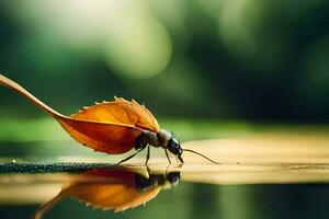 a leaf beetle on the water with a leaf in its mouth. AI-Generated photo