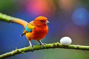 a colorful bird sits on a branch with an egg. AI-Generated photo