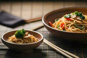 a bowl of noodles and chopsticks on a table. AI-Generated photo