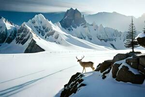 a deer stands on a snowy mountain with trees and mountains in the background. AI-Generated photo