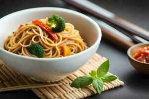 chinese noodles in a bowl with chopsticks and vegetables. AI-Generated photo