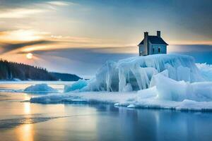 a house on an iceberg in the middle of the water. AI-Generated photo