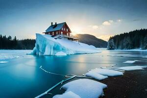 un casa en un iceberg en el medio de un lago. generado por ai foto