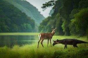 a deer and crocodile in the wild. AI-Generated photo