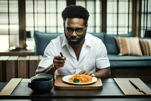 a man with a beard and glasses eating spaghetti. AI-Generated photo