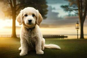 a golden retriever puppy sitting on the grass. AI-Generated photo