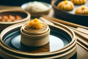 a plate of dim sum with chopsticks and chopsticks. AI-Generated photo