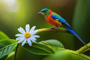 un vistoso pájaro se sienta en un rama con un flor. generado por ai foto