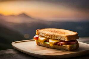 a sandwich on a wooden board with a sunset in the background. AI-Generated photo