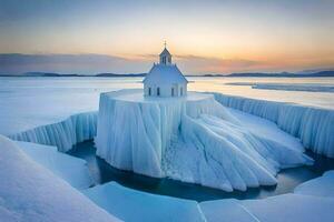 a church on an iceberg in the middle of the ocean. AI-Generated photo