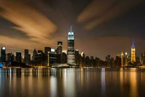 the city skyline at night with the manhattan skyline in the background. AI-Generated photo