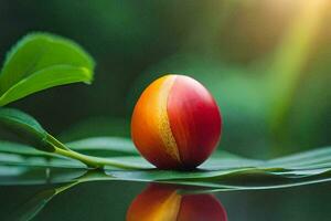 a single orange fruit is sitting on top of a leaf. AI-Generated photo