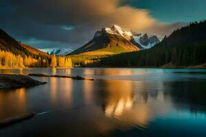 un montaña rango es reflejado en el agua a puesta de sol. generado por ai foto