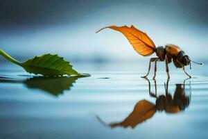 a bug with wings on the water with leaves. AI-Generated photo