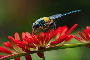 un azul y amarillo libélula en un rojo flor. generado por ai foto