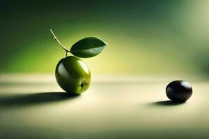 a green olive and a black ball on a table. AI-Generated photo