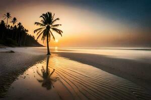 the beach, palm tree, sunset, the ocean, the beach, the ocean, the ocean. AI-Generated photo