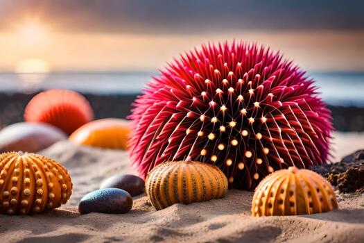 un vistoso pelota de puntiagudo pelotas en el playa. generado por ai foto