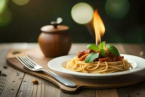 spaghetti with tomato sauce and basil on a plate. AI-Generated photo