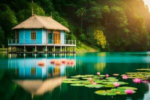 beautiful house on the water with lotus flowers. AI-Generated photo