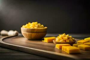 mango slices on a cutting board. AI-Generated photo