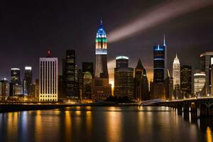 el ciudad horizonte a noche con luces reflejando apagado el agua. generado por ai foto