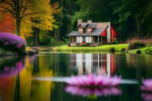 a house sits on the edge of a lake surrounded by colorful flowers. AI-Generated photo