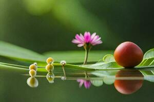 a red egg and a flower are on a leaf. AI-Generated photo