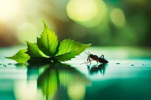 a bug on a leaf in the water. AI-Generated photo