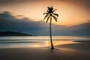 a lone palm tree stands on the beach at sunset. AI-Generated photo