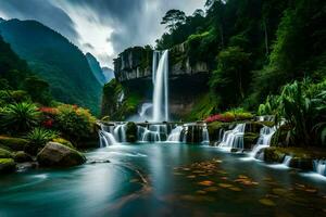 the waterfall in the middle of the river is surrounded by lush green vegetation. AI-Generated photo