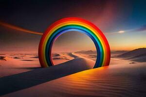 a rainbow is seen in the desert at sunset. AI-Generated photo