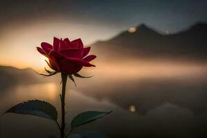 a single rose stands in front of a lake and mountains. AI-Generated photo