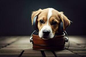 a dog wearing headphones sitting in a wooden box. AI-Generated photo