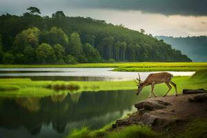 a deer stands on the edge of a lake in the middle of a forest. AI-Generated photo