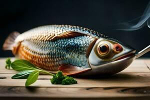 un pescado con un cigarrillo en un mesa. generado por ai foto