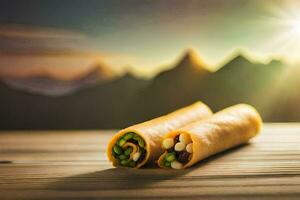two wraps with vegetables on a table with mountains in the background. AI-Generated photo