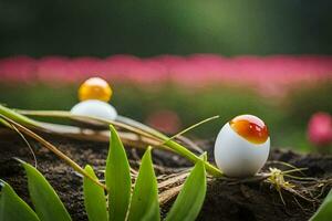 two eggs sitting on top of a plant. AI-Generated photo