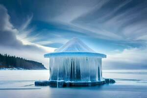 hielo cubierto muelle en el agua con nubes en el antecedentes. generado por ai foto