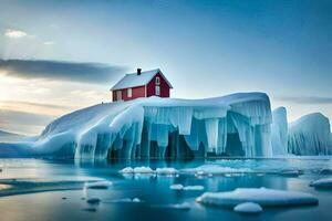 un rojo casa se sienta en un iceberg en el medio de el océano. generado por ai foto