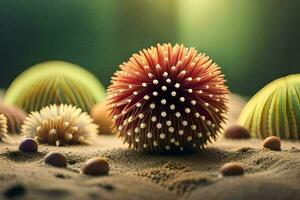 a group of spiky balls on the sand. AI-Generated photo
