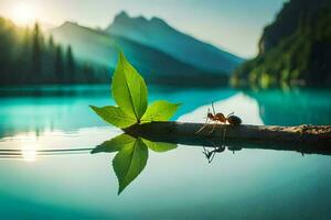 a small ant is sitting on a log in the middle of a lake. AI-Generated photo